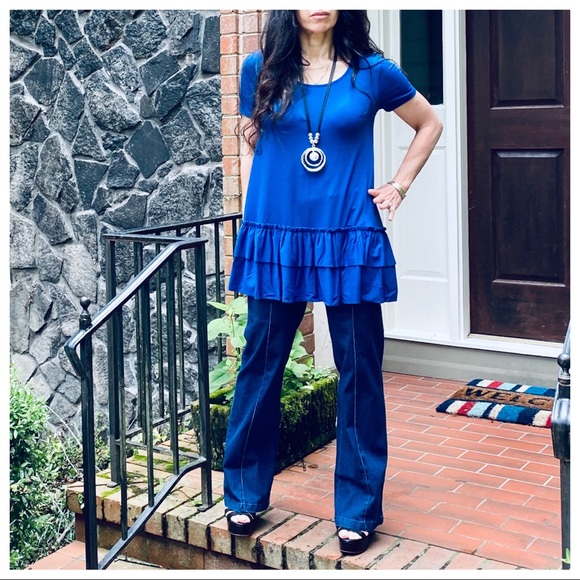 ROYAL BLUE LAYERED HEM SHORT SLEEVES TUNIC TOP - Picture 12 of 13